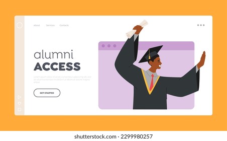 Alumni Access Landing Page Template. Online Graduation Ceremony Featuring African American Boy Bachelor Holding Diploma On Screen, Virtual Graduation Celebration. Cartoon People Vector Illustration