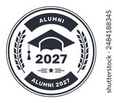 Alumni annual emblem, student graduation hat and laurel wreath, school-leaver stamp, vector