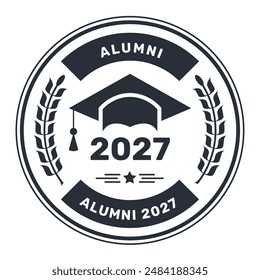 Alumni annual emblem, student graduation hat and laurel wreath, school-leaver stamp, vector