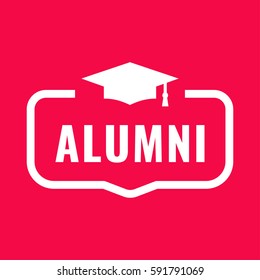 Alumni. Badge With Graduation Hat Icon. Flat Vector Illustration On Red Background.