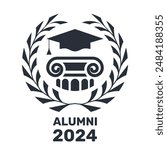 Alumni emblem with column and mortarboard hat, graduate students stamp with laurel wreath, vector 