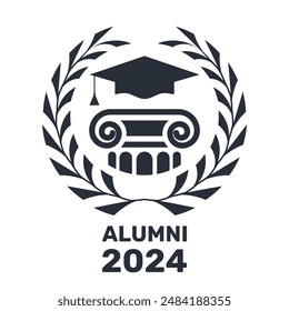 Alumni emblem with column and mortarboard hat, graduate students stamp with laurel wreath, vector 