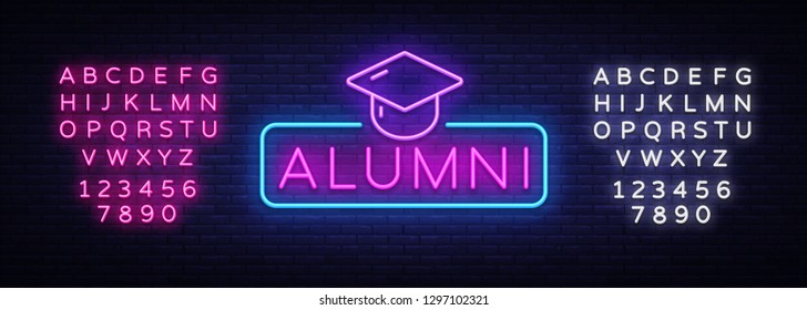 Alumni Neon Sign Vector. Graduation neon symbol, design template, modern trend design, night neon signboard, night bright advertising, light banner, light art. Vector. Editing text neon sign