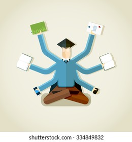 Alumni student with many hands vector illustration. Multitasking concept.