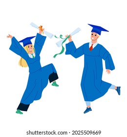 Alumnus Boy And Girl College Graduation Vector. Students Alumnus In Academy Cap And Gown Mantle With Diploma Graduating University Or School Together. Characters Flat Cartoon Illustration