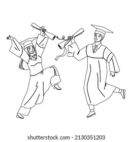 Alumnus Boy And Girl College Graduation Black Line Pencil Drawing Vector. Students Alumnus In Academy Cap And Gown Mantle With Diploma Graduating University Or School Together. Characters Illustration