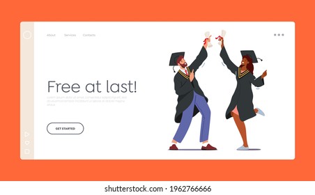 Alumnus Characters Graduating University Landing Page Template. Cheerful Graduates People in Academical Cap and Gown Rejoice with College or School Certificate. Cartoon People Vector Illustration