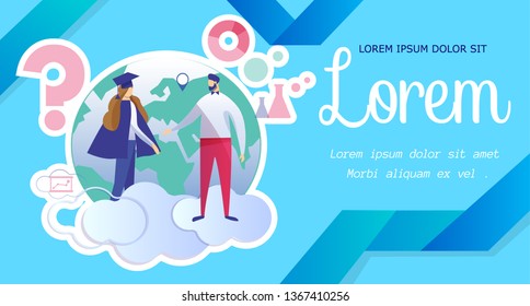 Alumnus Communicating with Teacher Standing on Clouds on Earth Globe Background with Educational Icons Around. Graduation, Getting Diploma Teamplate Cartoon Flat Vector Illustration. Horizontal Banner