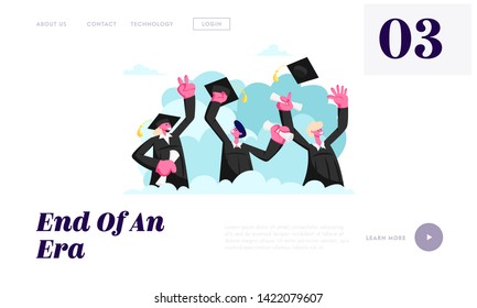 Alumnus Graduating University or College. Cheerful People In Academical Cap and Gown with Diploma Certificate in Hands Graduate Website Landing Page, Web Page. Cartoon Flat Vector Illustration, Banner