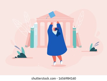 Alumnus Student Graduation Celebrating, Young Woman Dressed in Mantles Throw Academical Cap in Air on University Building Background, End of Education and Learning Cartoon Flat Vector Illustration