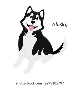 Alusky cute animal in colorful cartoon style isolated on white background. Vector graphics. It breeds a Siberian Husky with an Alaskan Malamute and this dog loves the cold weather.