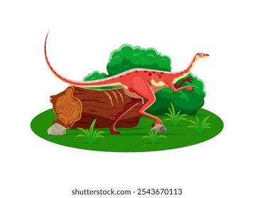 Alvarezsaurus prehistoric dinosaur character. Isolated vector red bipedal herbivore dino animal with orange spots at lush green landscape with fallen log, surrounded by rocks, grass and green foliage