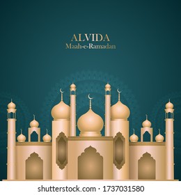 Alvida Ramadan Wallpaper with Beautiful golden Masjid Illustration and Mandala