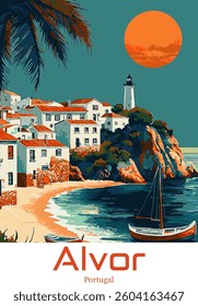 Alvor, Portugal Vector Illustration. Coastal Village and Lighthouse.