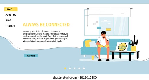 Always be connected theme. Young man eating pizza having call talking to friend via smartphone. Stay home. Wireless communication Unity, connection, technology concept. Landing page template