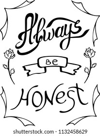 Always be honest. Hand drawn lettering phrase on white background. Design element for poster, greeting card. Vector illustration