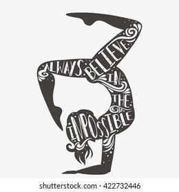 Always believe in the impossible. Sport/Fitness typographic poster with a girl. Motivational and inspirational illustration. Lettering. For print on T-shirt and bags, logo or cards.