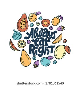 Always eat right. Hand-drawn lettering color quote on the light background. Inspiring phrase about healthy food. For poster, banner, print, packaging, and clothes design.