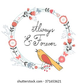 Always and forver card with cute bird and floral wreath