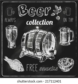 Always free salted snacks tap beer bar chalk blackboard advertisement icons collection sketch vector isolated illustration