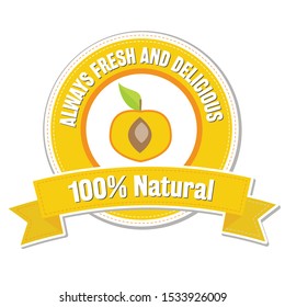 Always fresh and delicious. 100% Natural. Yellow label Fruit design over white background, vector illustration with peach.