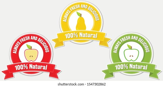 Always fresh and delicious. 100% Natural. Set of label Fruit design over white background, vector illustration with pear and apples