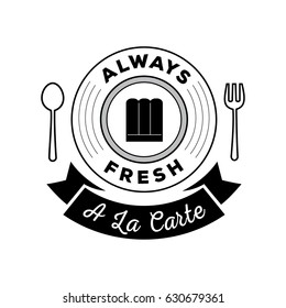 always fresh food guarantee logo with a la cate ribbon ,spoon and fork symbol