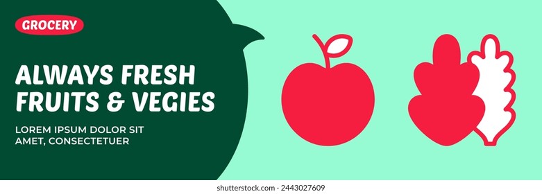 Always fresh fruits and veggies banner template. Vector apple icon background. Salad leaf illustration poster. Healthy vegetable food flyer. Grocery food promo, shop department label, package, design