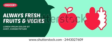 Always fresh fruits and veggies banner template. Vector apple icon background. Salad leaf illustration poster. Healthy vegetable food flyer. Grocery food promo, shop department label, package, design