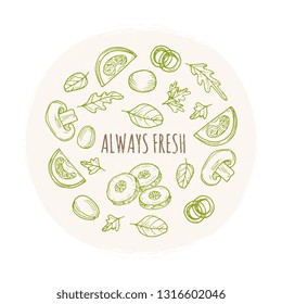 Always fresh grunge banner design with hand drawn vegetables