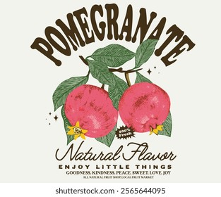 Always fresh and organic. Summer food poster design. Fresh pomegranate fruit print.  Fresh food artwork for for t shirt. Nature watercolor design. Hand sketch artwork. Pomegranate fruit artwork.