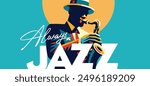 Always Jazz - saxophone playing African American man jazz musician in vibrant colors minimalist vector illustration.	