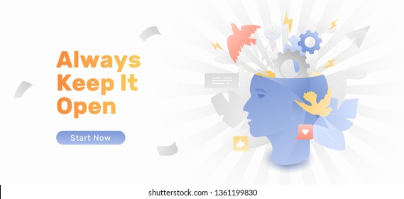 Always keep it open web banner template. Vector concept of relaxing the mind, creative thinking and brainstorming.