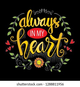 Always in my heart phrase hand lettering. Motivational quote.