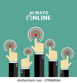 Always online, internet concept poster. vector illustration on green background