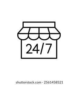 Always open convenience store with 24 7 working hours. On demand shopping. Pixel perfect vector icon