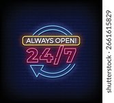 always open neon sign with brick wall background vector