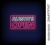 always open neon Sign on brick wall background vector