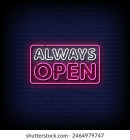 always open neon Sign on brick wall background vector