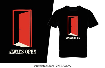 Diseño de camiseta siempre abierto con ilustración de puerta roja minimalista