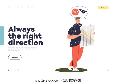 Always Right Direction Concept Of Landing Page With Man Holding Map And Choosing Way. Navigation And Wrong Decision Making. Cartoon Male Character Walking Wrong. Flat Vector Illustration