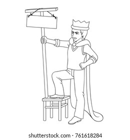 I am always right. A dissatisfied man in a crown and mantle stands, placing one foot on a stool and holding a mop in his hand. Vector illustration. Black outline.