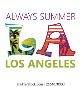 "Always summer. Los Angeles" label design with colorful LA letters