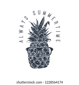 Always summertime. Pineapple in sunglasses. Design element for poster, menu, banner. Vector illustration