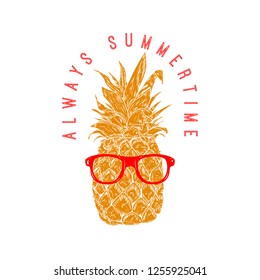 Always summertime. Pineapple in sunglasses. Design element for poster, menu, banner. Vector illustration