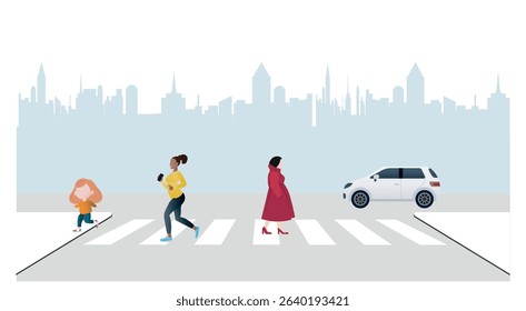 Always use the crosswalk.Pedestrians, including a child, jogger, and woman, crossing a city street at a crosswalk while a car approaches, highlighting pedestrian safety in urban environments