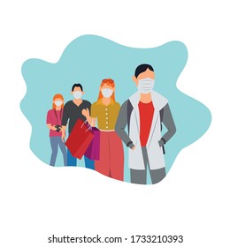 Always use mask when you go outside and keep distance from others. Social distancing illustration.