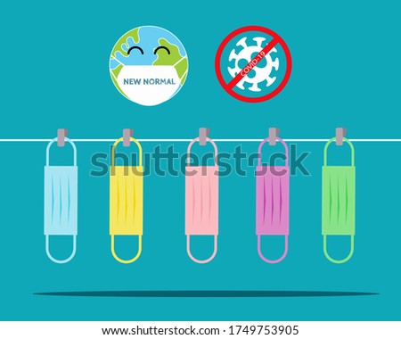 Always wear mask (New Normal after covid-19 crisis) concept: Many colorful of cloth or fabric face masks hang after used. Cartoon vector style for your design. 