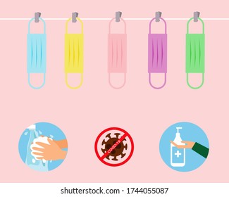 Always Wear Mask And Wash Or Clean Your Hands (New Normal After Covid-19 Crisis) Concept: Many Colorful Of Cloth Or Fabric Face Masks Hang After Used. Cartoon Vector Style For Your Design. 