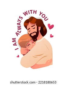 Siempre estoy contigo. Jesús abraza al niño aislado en un patio blanco. La niña pequeña es feliz, se siente comprensiva. Amor y cuidado. Ilustración vectorial linda al estilo de las caricaturas.